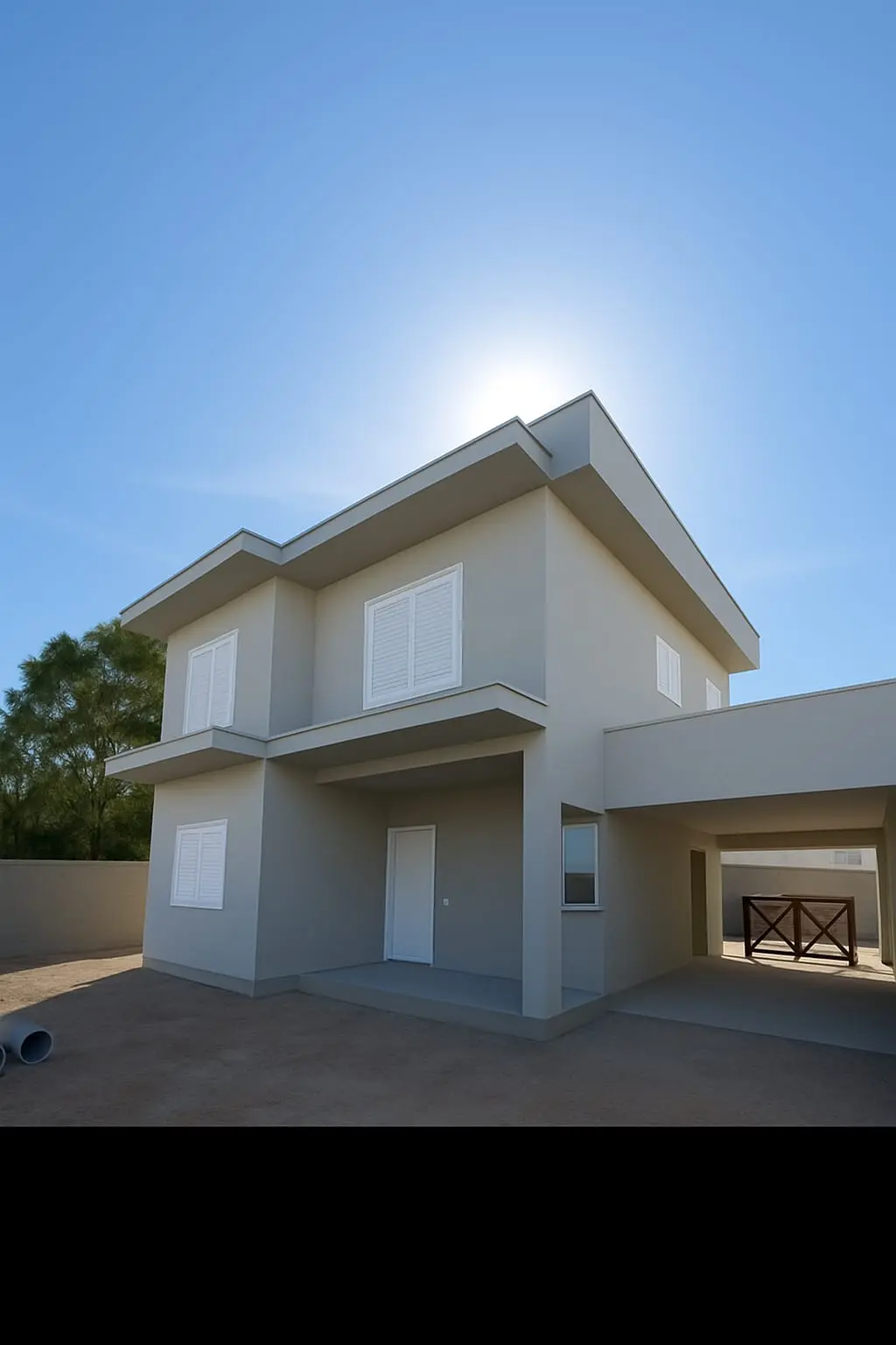 Fachada residencial finalizada em tons neutros